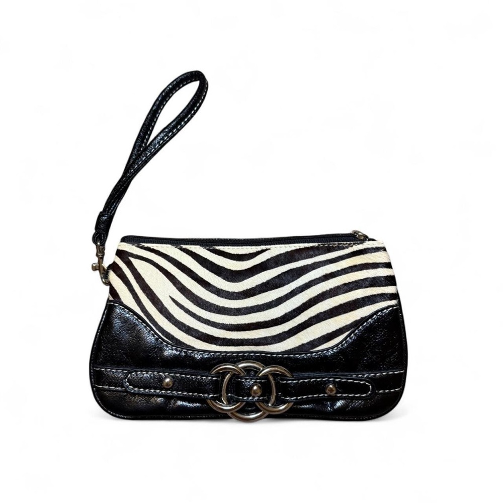 Wilson’s Leather Y2K Black & Cream Zebra Print Silver Chain Clutch Wristlet